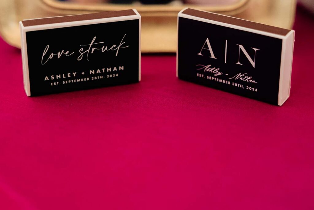 Love Struck matchbox wedding favors for Ashley and Nathan at the Cottonwood Hotel in Omaha Nebraska