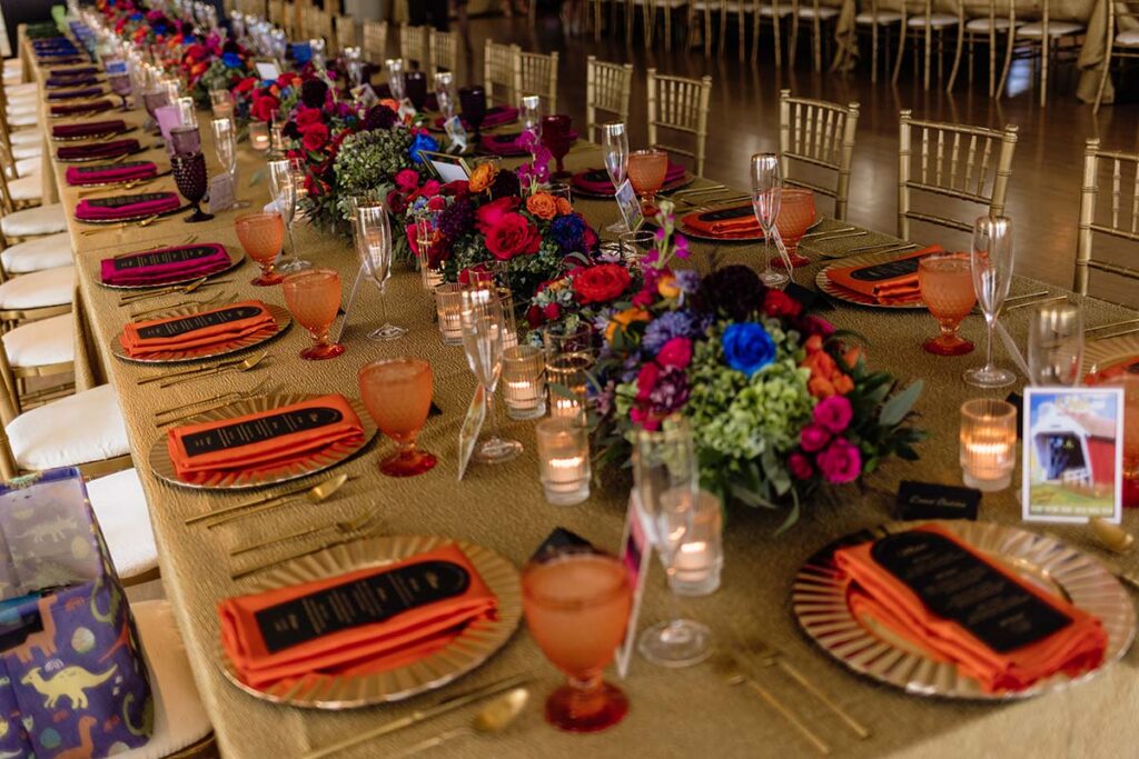 Colorful wedding reception table details at the Cottonwood Hotel in Omaha Nebraska
