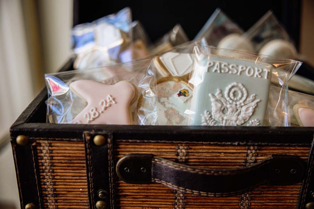 Travel themed wedding sugar cookies with passport and airplane designs at Omaha Nebraska wedding